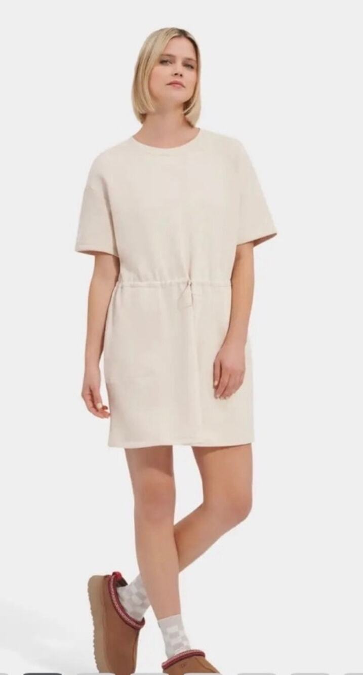 UGG Anisha French Terry Drawstring Waist Pocket Dress Small Cream Beige